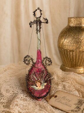 Antique Victorian German Pink Glass Mandolin Ornament Angel Scrap Wire Wrapped 9